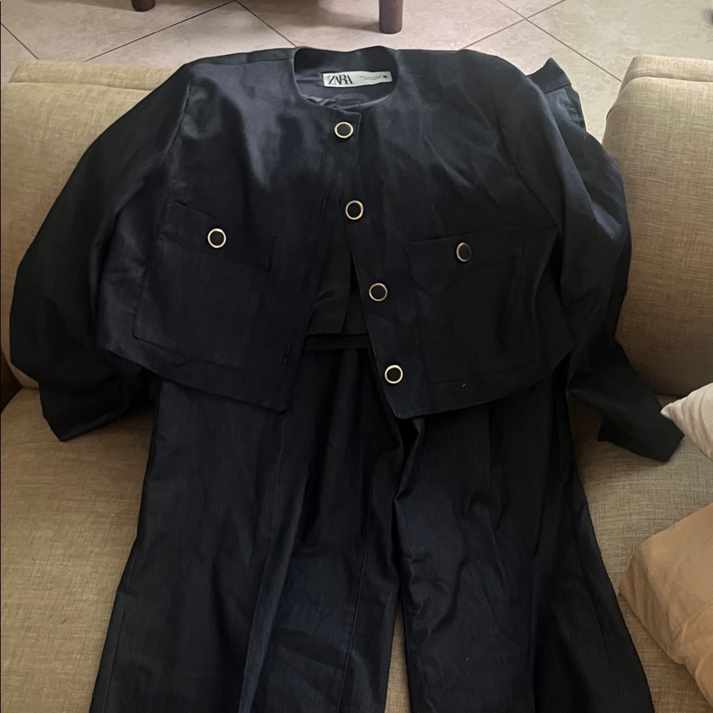 Zara Navy Jacket and wide bottom pants with Gold Button